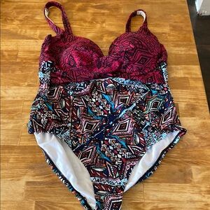 Red and Blue One Piece Swimwear with Adjustable Straps